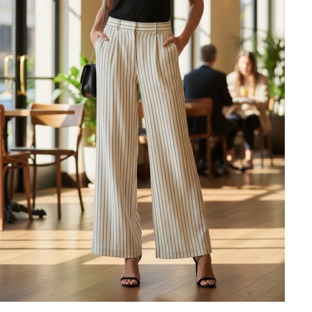 Saks Fifth Avenue Womens Striped Wide Leg Lined Trousers Work Office Classy Sz 8